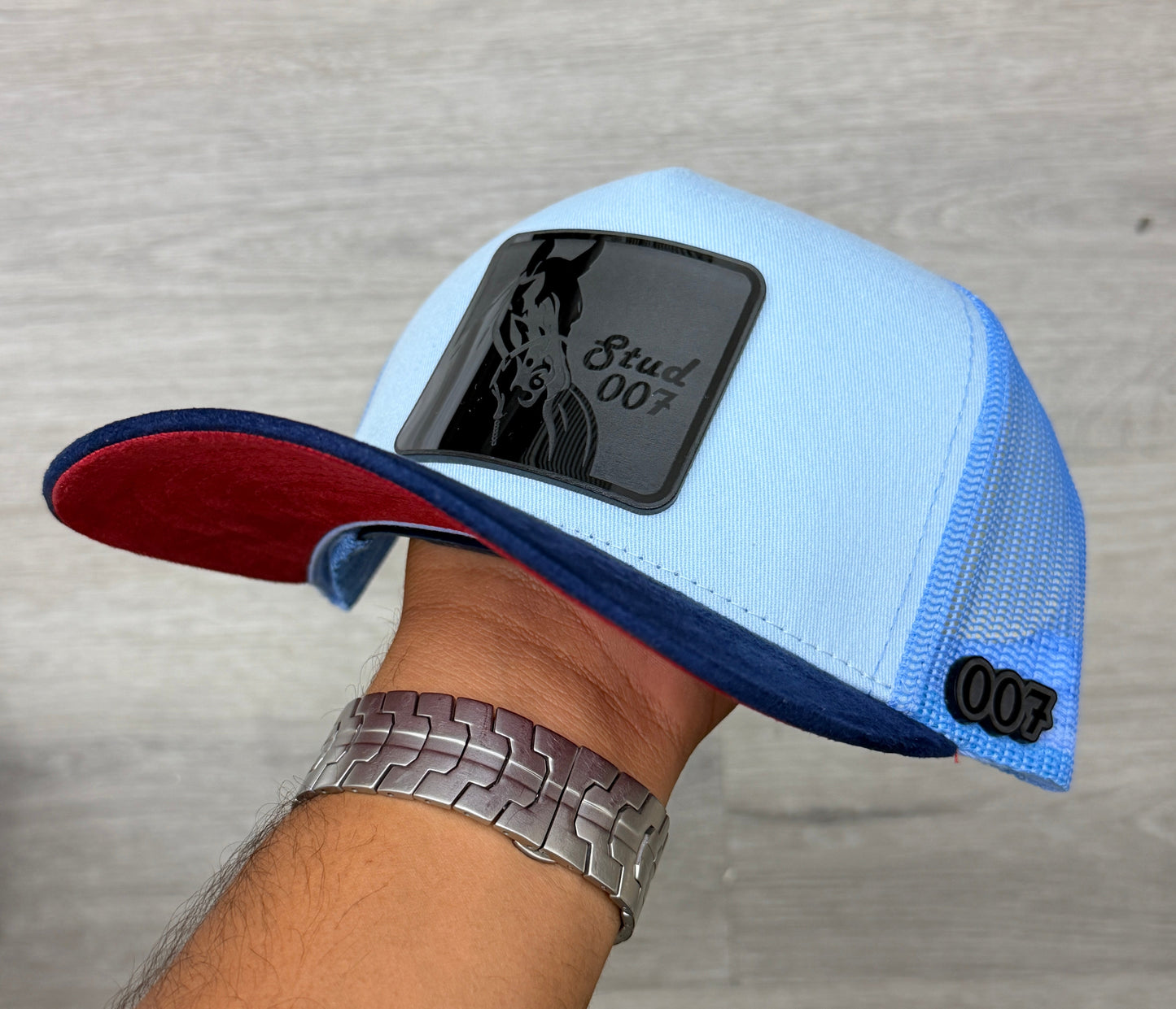 Premium Baby Blue Stud007 with Blacked out emblem Red Bottom