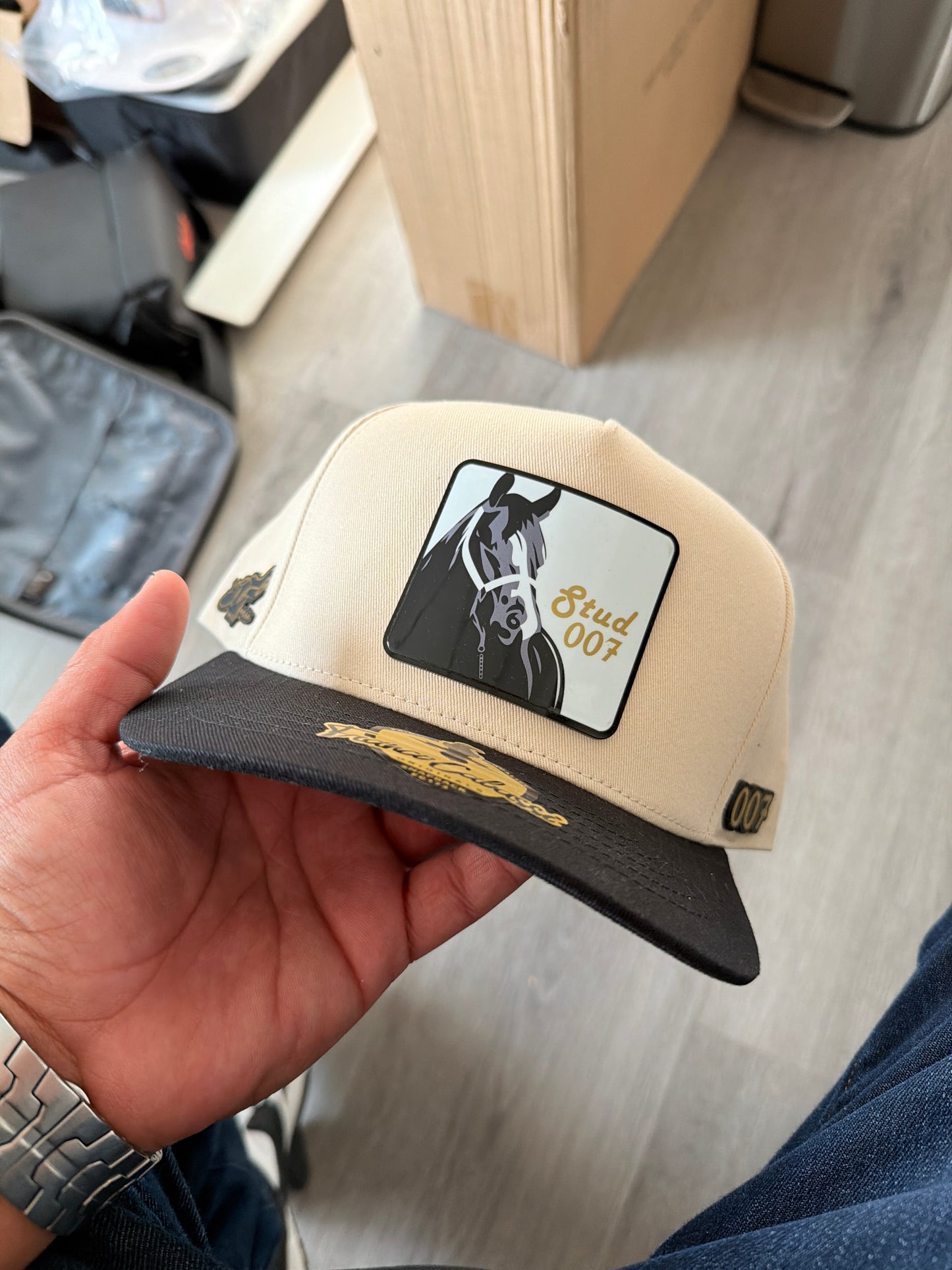 Beige original Stud007 with gold 007 emblem